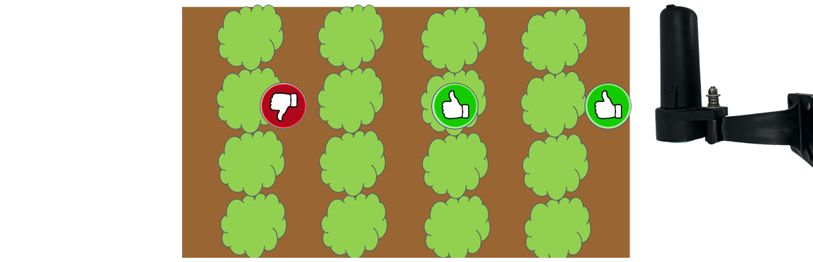 Image of right and wrong sensor locations over crop rows with ultrasonic sensor to the side of it