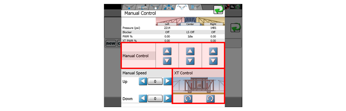 image of AutoBoom control page showing the manual control buttons