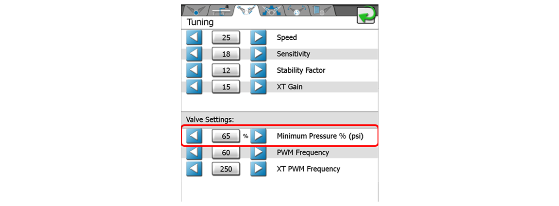 Screenshot showing the minimum pressure % setting