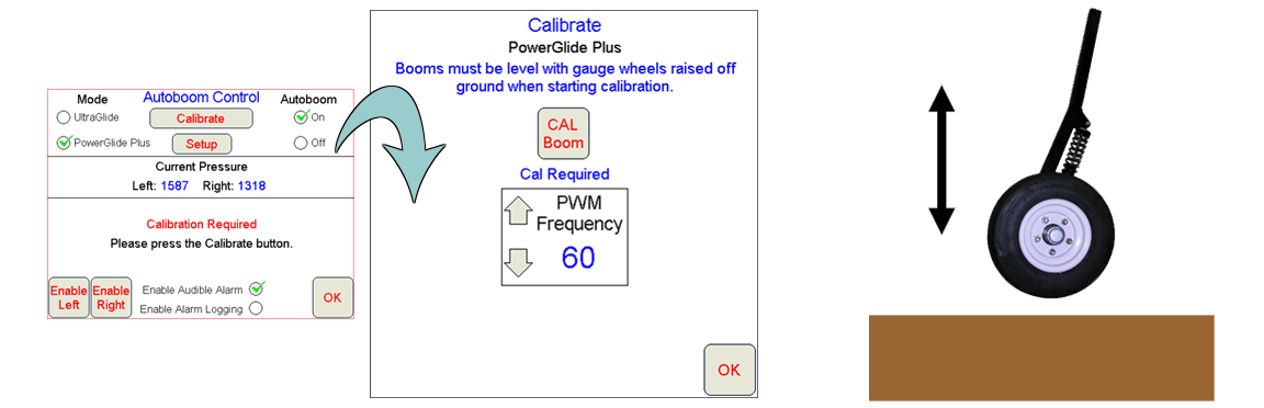 Images of calibration screens and showing gauge wheel raised from ground