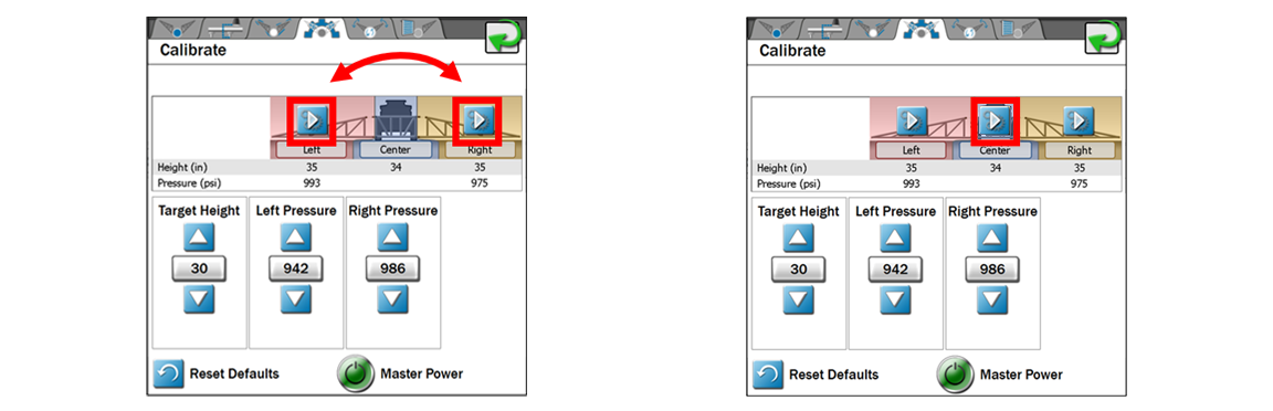 Screenshots of UltraGlide and UltraGlide XT calibration screens