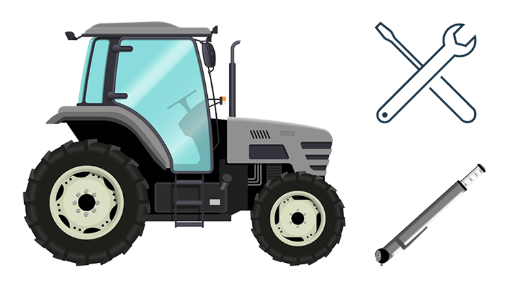 illustration of tractor with tools and tire pressure gauge