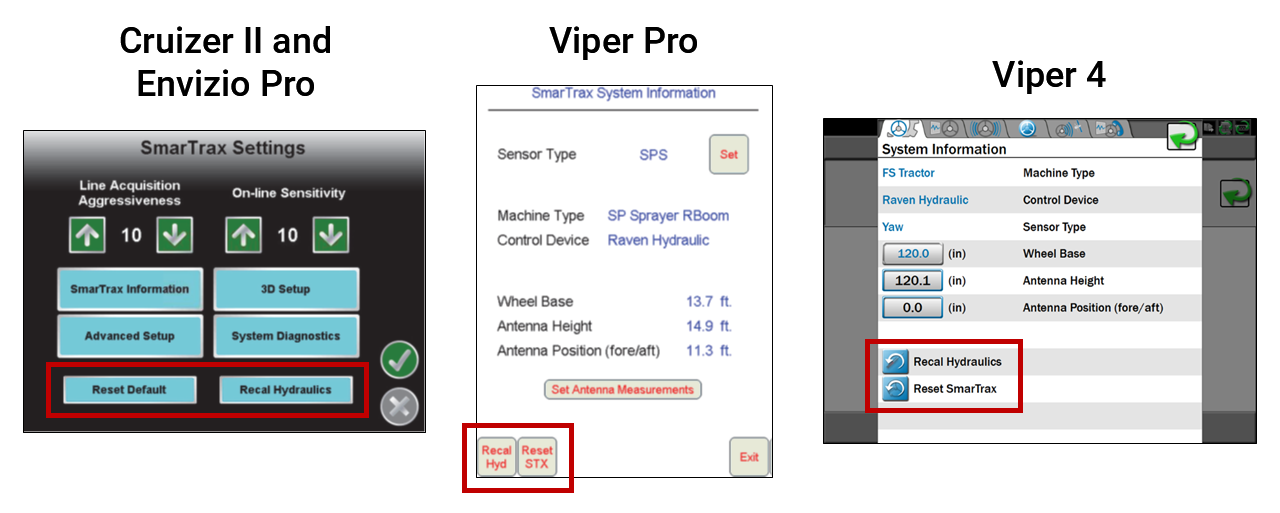 SmarTrax settings screenshots for reset and recalibrate options